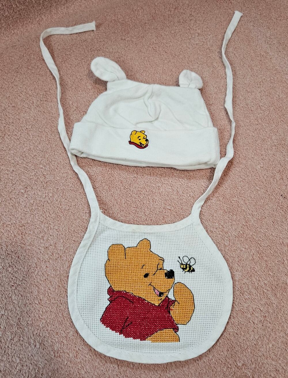 Vintage Disney Winnie The Pooh Infant Baby Hat & Bib White Cotton Set